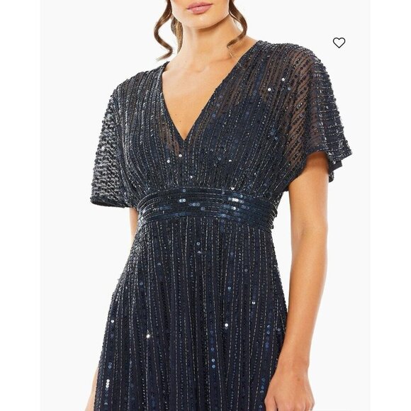 Mac Duggal 14007 Sequined Short-Sleeve Midi Evening Dress Size 18 Midnight - Picture 2 of 10
